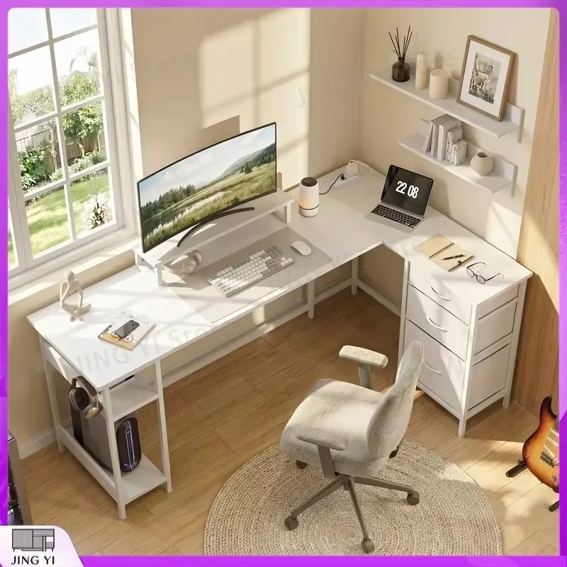 Office Furniture Outlet - リバーシブルL字型コーナーデスク 168x103cm 引き出し収納付き 電源コンセント USB充電ポート付き ホームオフィス用コンピューターデスク