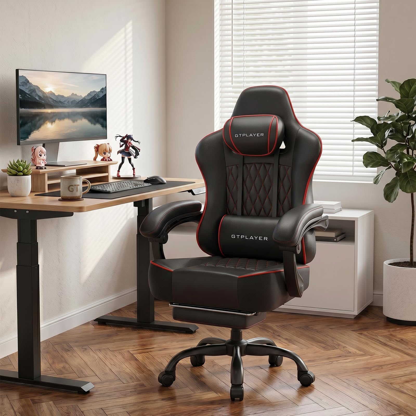 Office Footrest Cushion - フットレスト付きの大型・高背ゲーミングチェア。4.4インチの厚さのクッションと幅広の翼なし座面を備えた、人間工学に基づいたオフィス用デスクチェア。