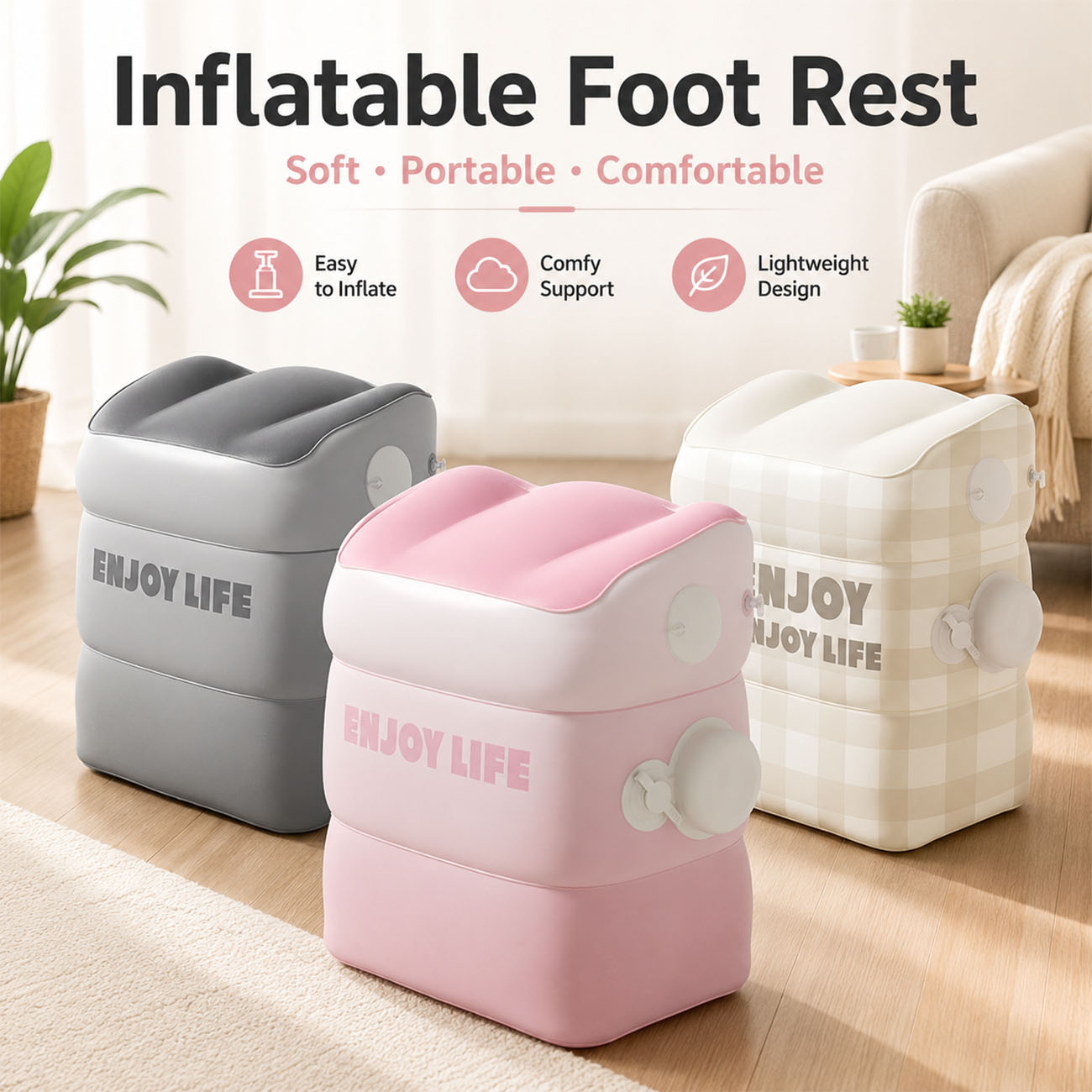 Office Footrest Cushion - 飛行機旅行用インフレータブルフットレスト1個 - 長時間飛行用高さ調節可能な脚枕 - 車＆オフィス用脚置き必需品