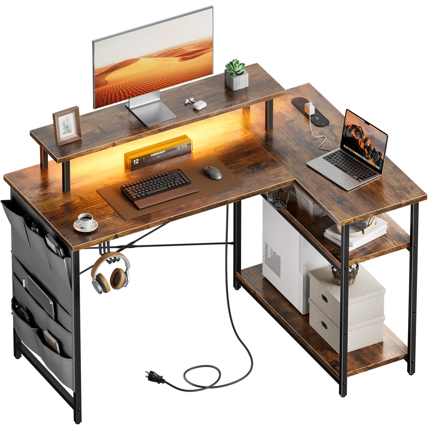 Office Furniture Outlet - L字型コンピューターデスク、電源コンセントとLED照明、人間工学に基づいたモニタースタンド、サイド収納ポケット、取り外し可能な棚、頑丈なX字型金属フレームのコーナーゲーミングデスク—ホームオフィスに最適、複数の色をご用意。