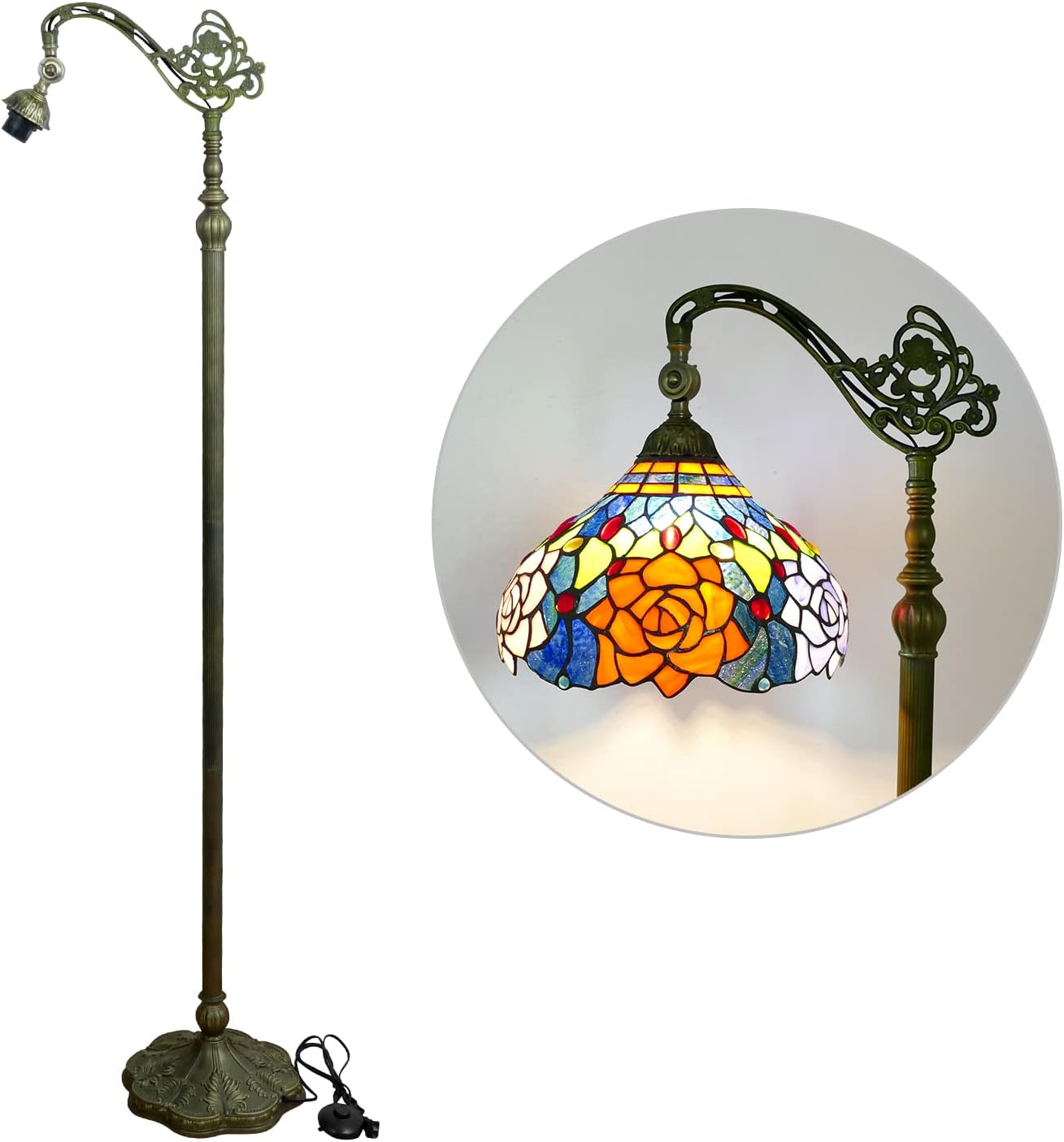 Floor Lamp Arched - @ # モダンスタイルのアーチ型グースネックフロアランプ、調節可能な鉄製ボディ、ステンドグラスのバラのトリコロールライト付きコーナーリーディングランプ