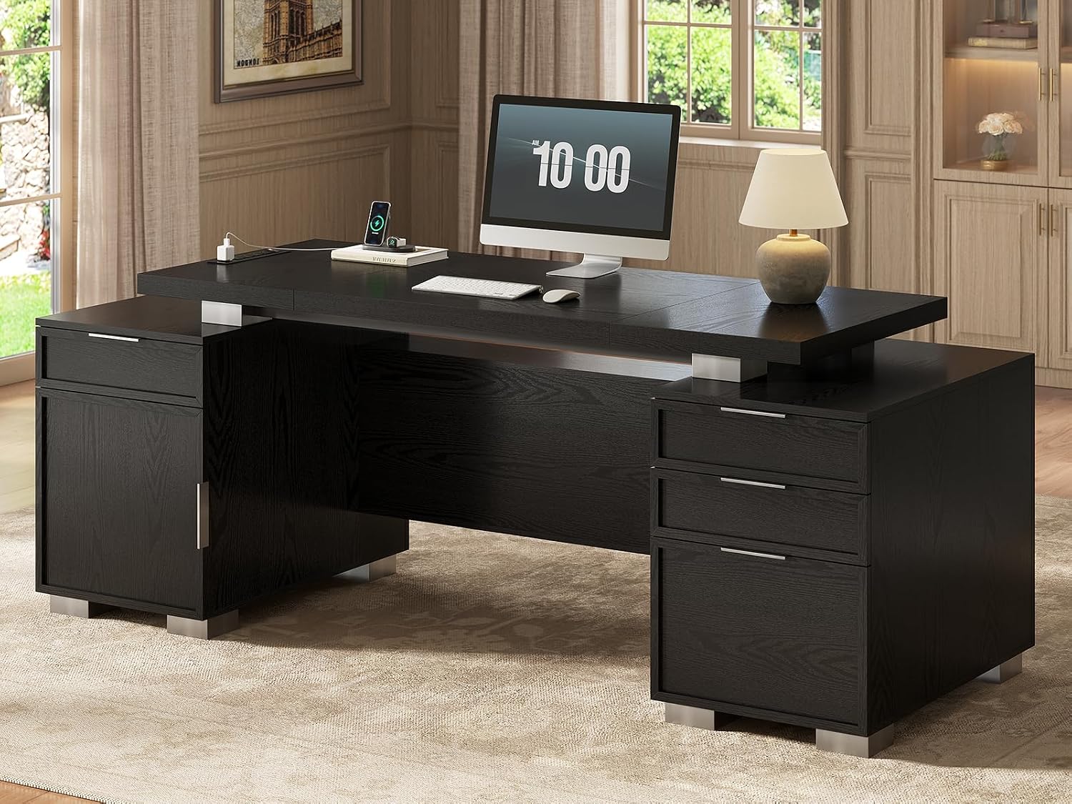 Office Furniture Outlet - 80.6インチ エグゼクティブデスク、電源コンセントとファイル引き出し、3つの大型キャビネットとプライバシーパネル付き、ホームオフィス家具、ブラック、カスタマイズ可能