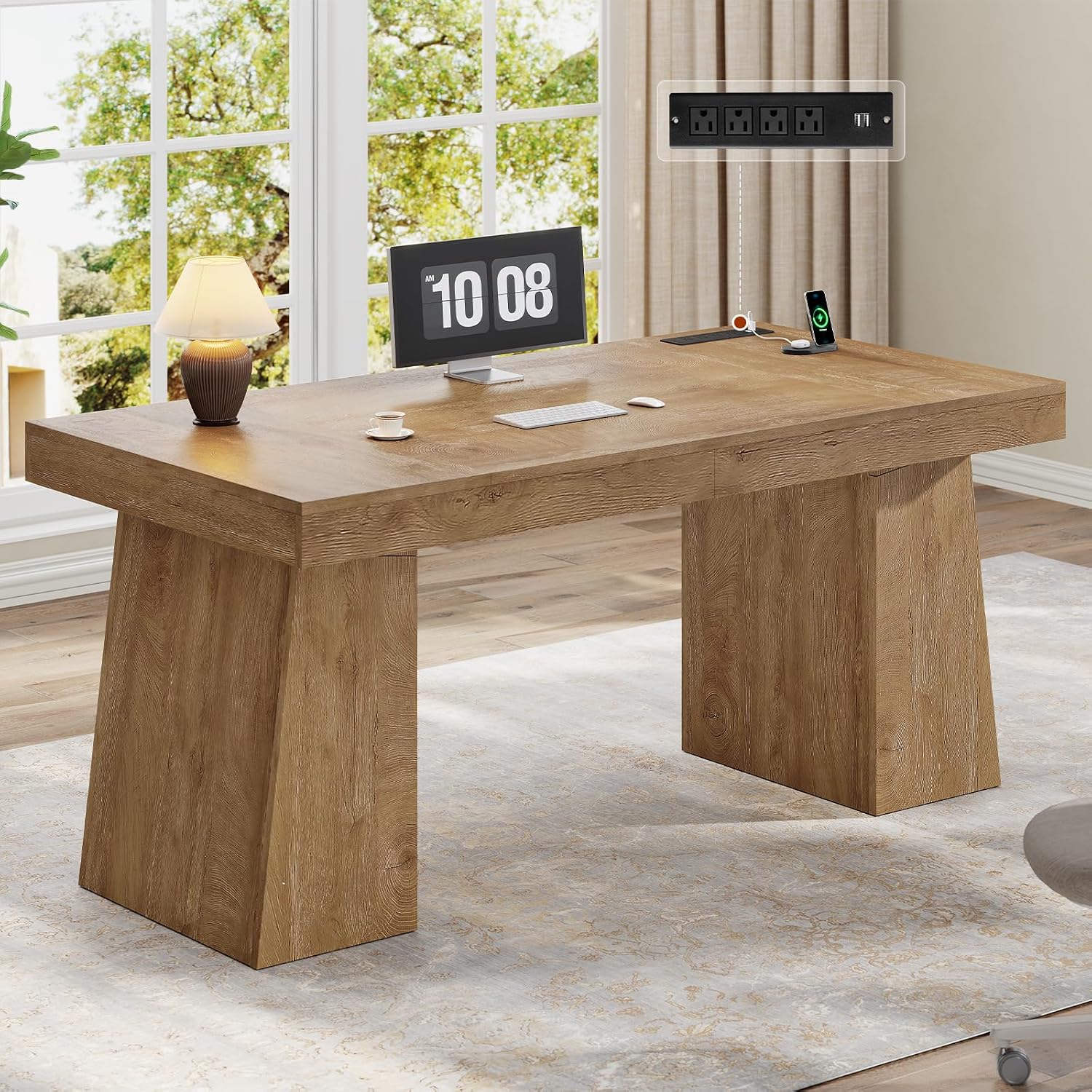 Office Furniture Outlet - 55.9インチ エグゼクティブデスク（電源コンセントと収納キャビネット付き）、モダンな木製コンピューターデスク オフィスワークステーションテーブル、カスタマイズ可能