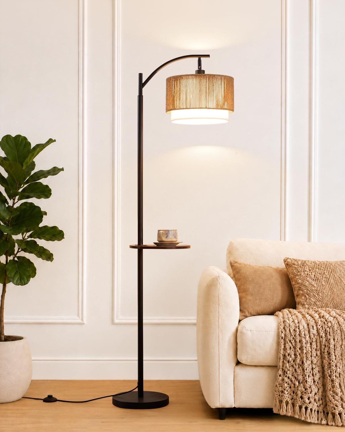 Floor Lamp Arched - ボヘミアンスタイルのファームハウスアークフロアランプ、サイドテーブルと組み合わせたランプ、籐と布の二重素材ランプシェード、3色温度モード、リビングルームと寝室用のコーナースタンディングランプ