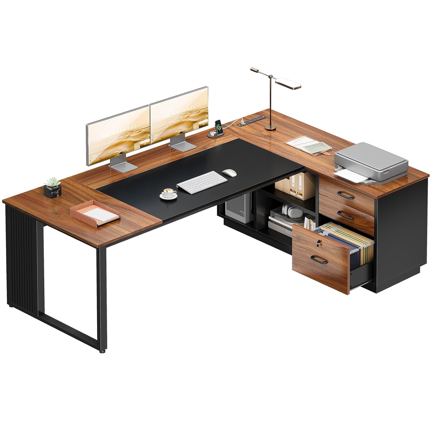 Office Furniture Outlet - L字型デスク（引き出しとファイルキャビネット付き）、コンセント付きコーナーコンピューターワークステーション、71インチ、ウォールナット＆ブラック、カスタマイズ可能