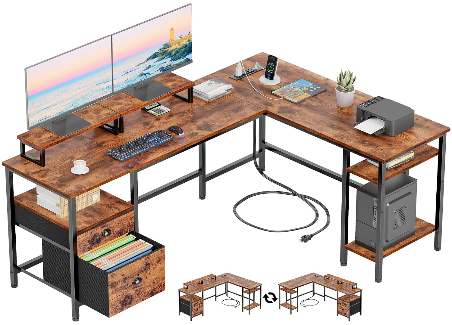 Office Furniture Outlet - 電源コンセント付きL字型デスク、ファイル引き出し、モニタースタンド、収納棚、コーナーコンピューターテーブル、66インチ、ラスティックブラウン、カスタマイズ可能