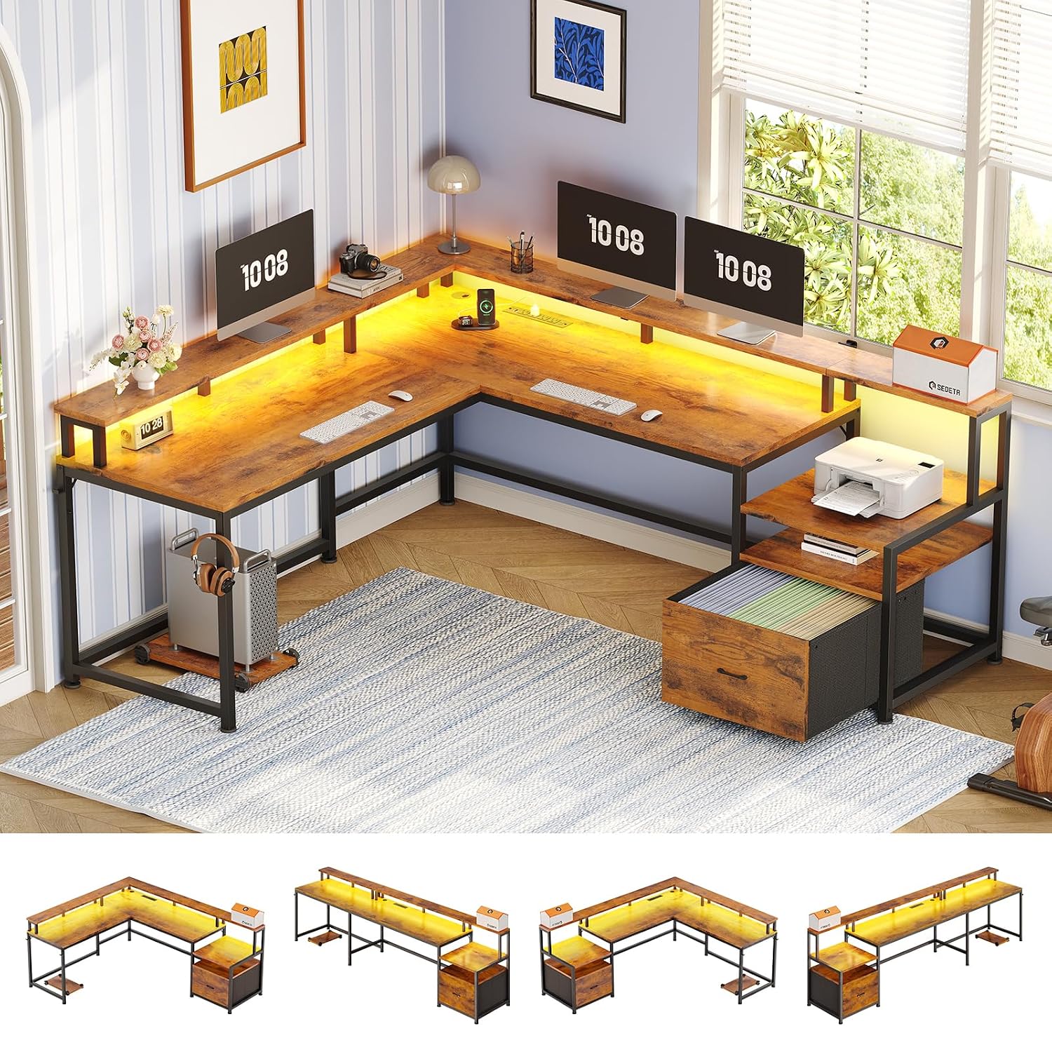 Office Furniture Outlet - L字型デスク、電源コンセント、ファイル引き出し、モニターシェルフ、LEDライト付き、66インチリバーシブルラスティックブラウンコーナー、カスタマイズ可能