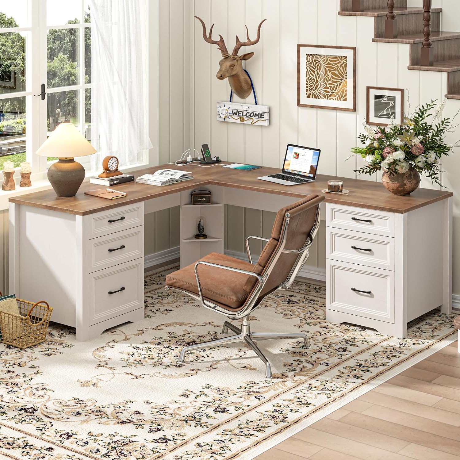 木製L字型エグゼクティブデスク、6つの引き出し、電源コンセン - Office Furniture Outlet のレビューと価格