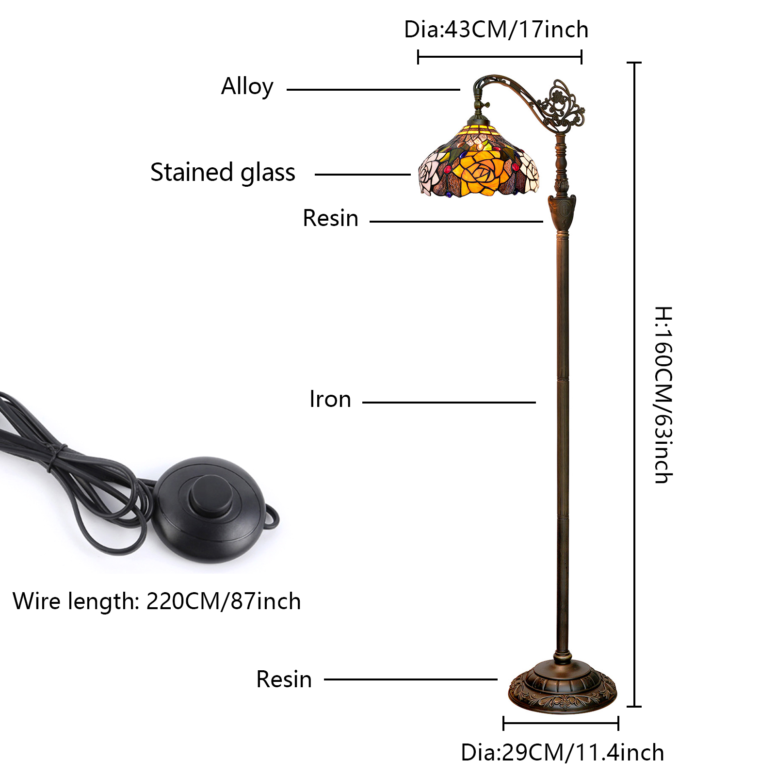 ティファニー フロアランプ、調整可能なステンドグラス グース - Floor Lamp Arched のレビューと価格