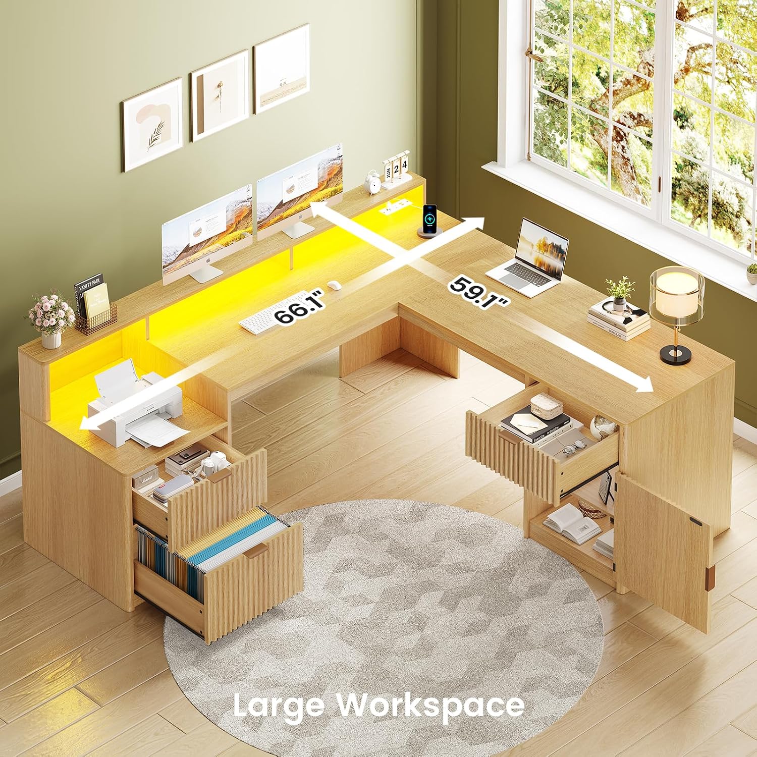 66インチ L字型デスク（引き出し、ファイルキャビネット、プ - Office Furniture Outlet のレビューと価格