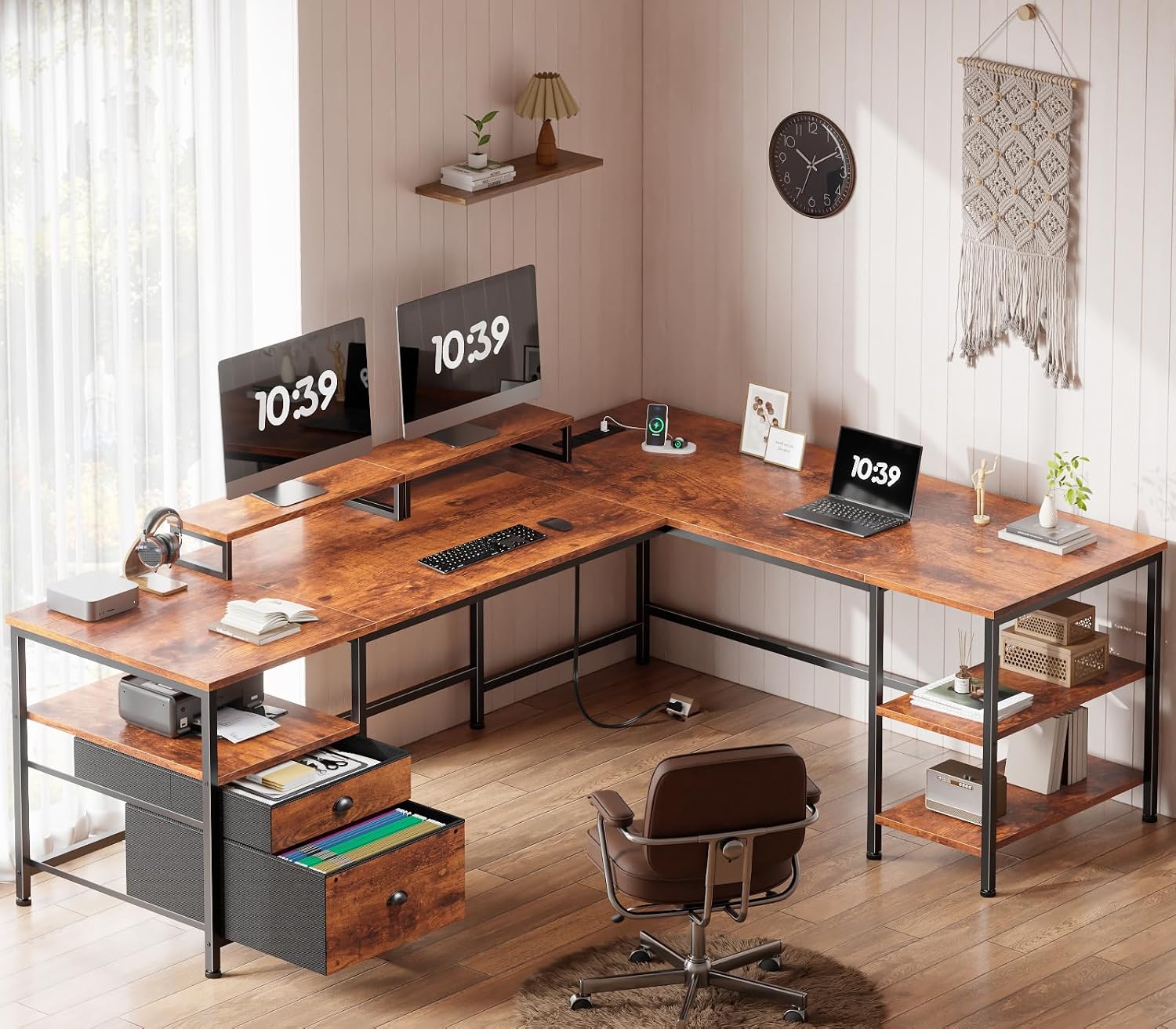 電源コンセント付きL字型デスク、ファイル引き出し、モニタース - Office Furniture Outlet のレビューと価格