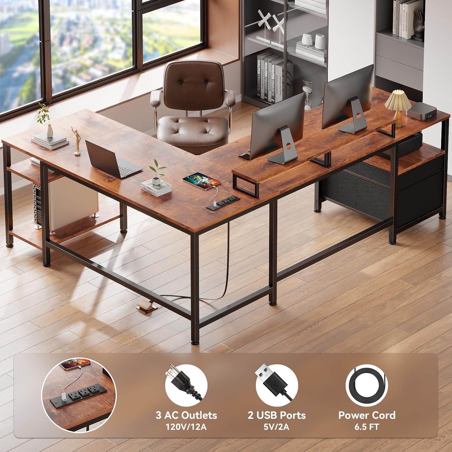 電源コンセント付きL字型デスク、ファイル引き出し、モニタース - Office Furniture Outlet のレビューと価格
